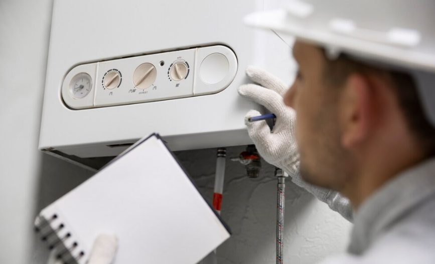 A man is holding a notebook and a pen while working on a boiler.