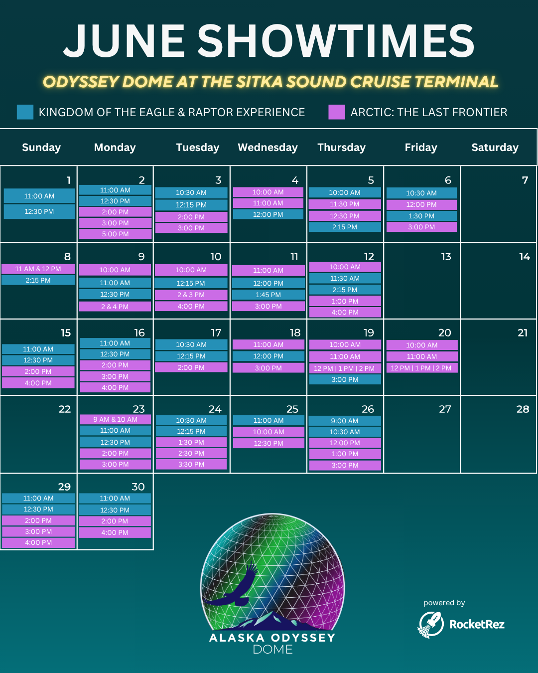A calendar for june showtimes at the sitka sound cruise terminal