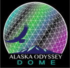 A logo for alaska odyssey dome with a bird and mountain