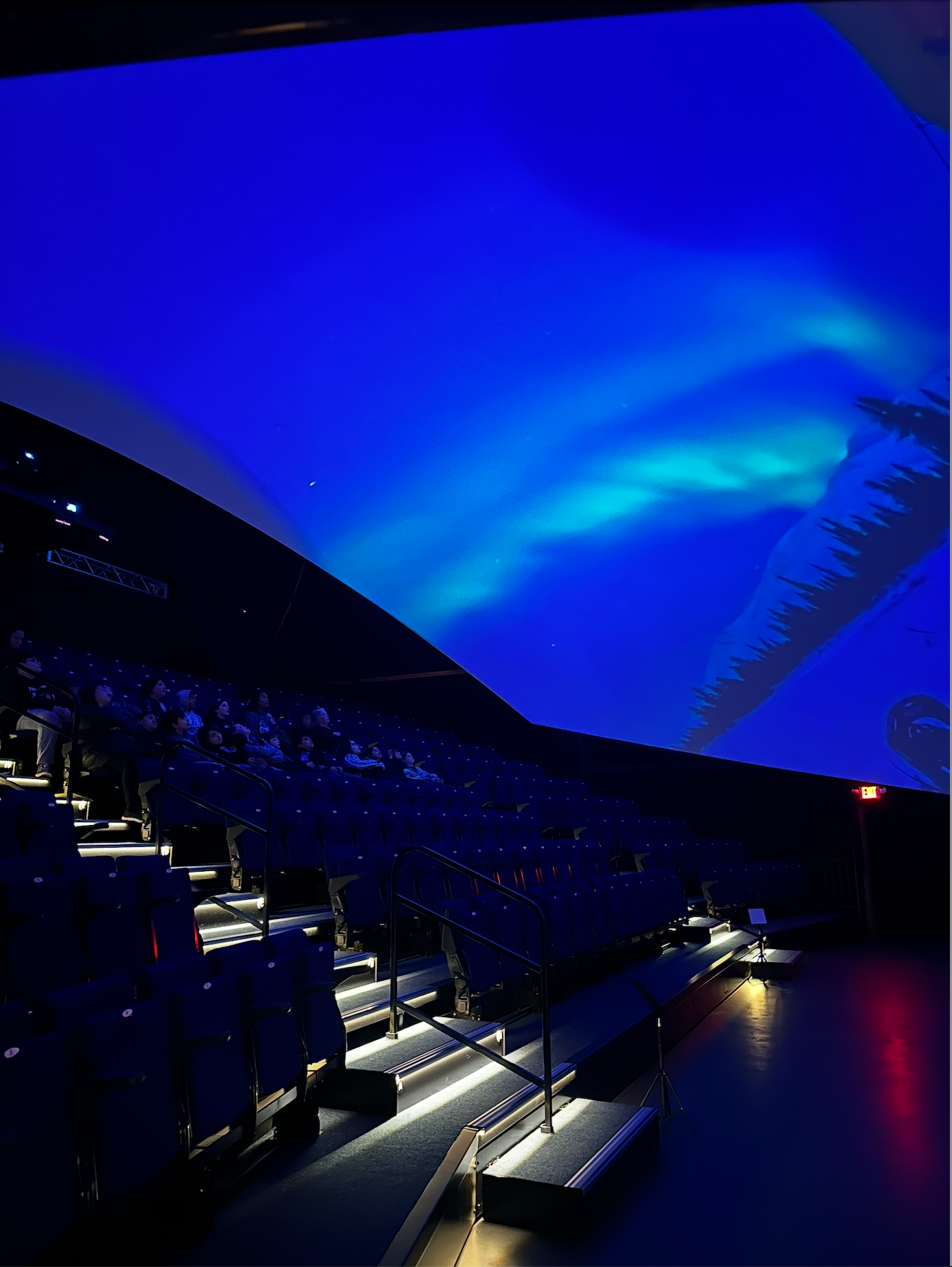 A large screen in a theater shows the aurora borealis