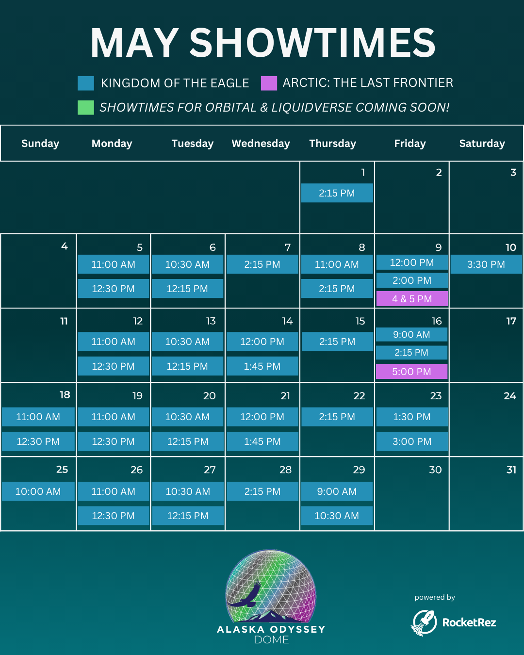 A calendar for May showtimes including kingdom of the eagle and arctic the last Great Wilderness