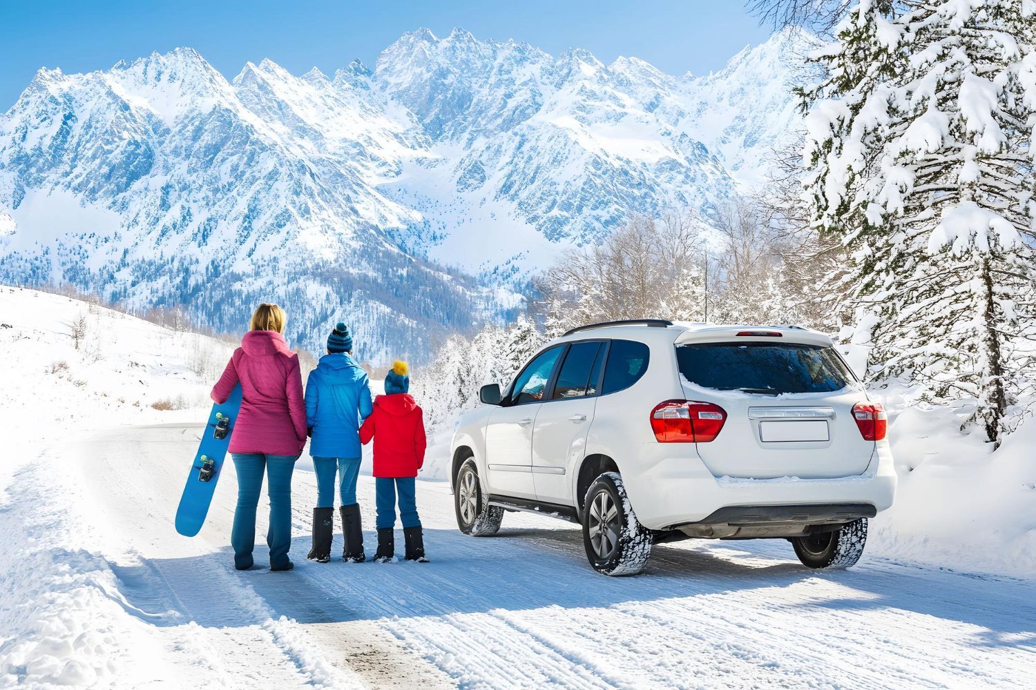 Family with snowboard standing on snowy road by white SUV, snow-covered mountains in background.