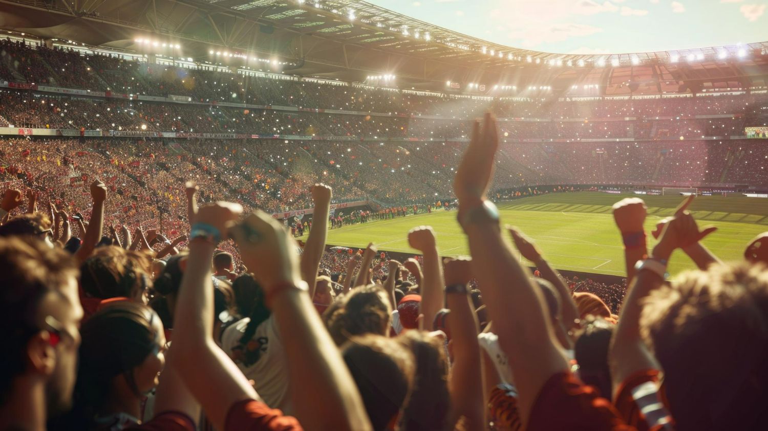 A crowd of people are watching a soccer game in a stadium with their arms in the air.