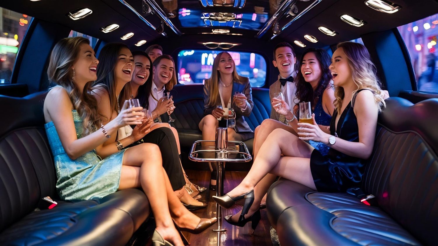 Women laughing and drinking inside a limousine with city lights visible outside.