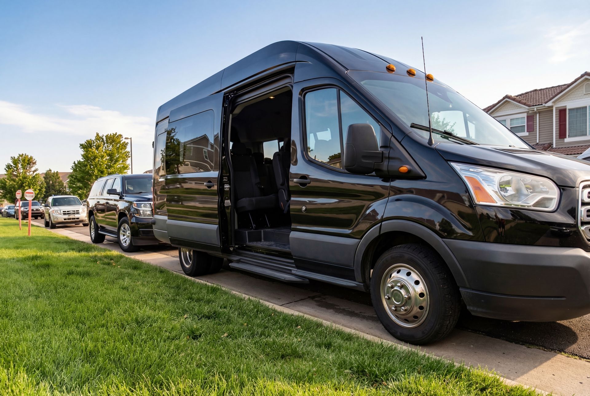 Black passenger van with open sliding door parked on a grassy verge, other vehicles in the background.