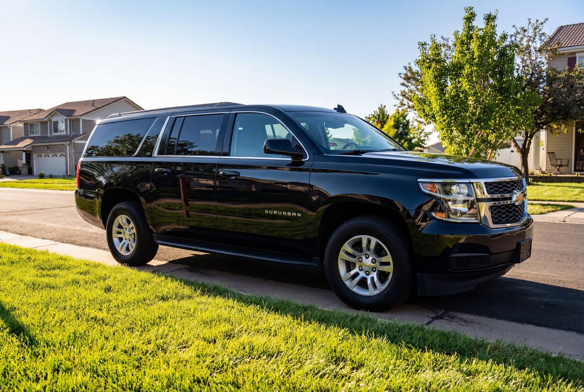 Black Chevrolet Suburban SUV parked on a suburban street, sunny day.