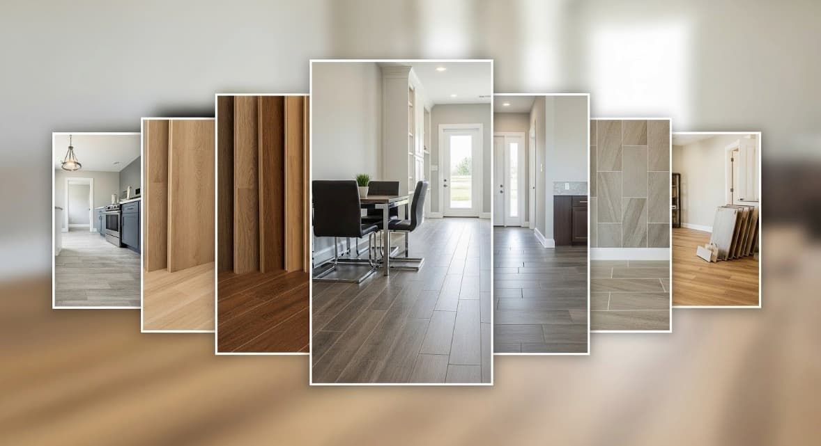 A collage displays various interior flooring options, showcasing different types of wood and tile fl