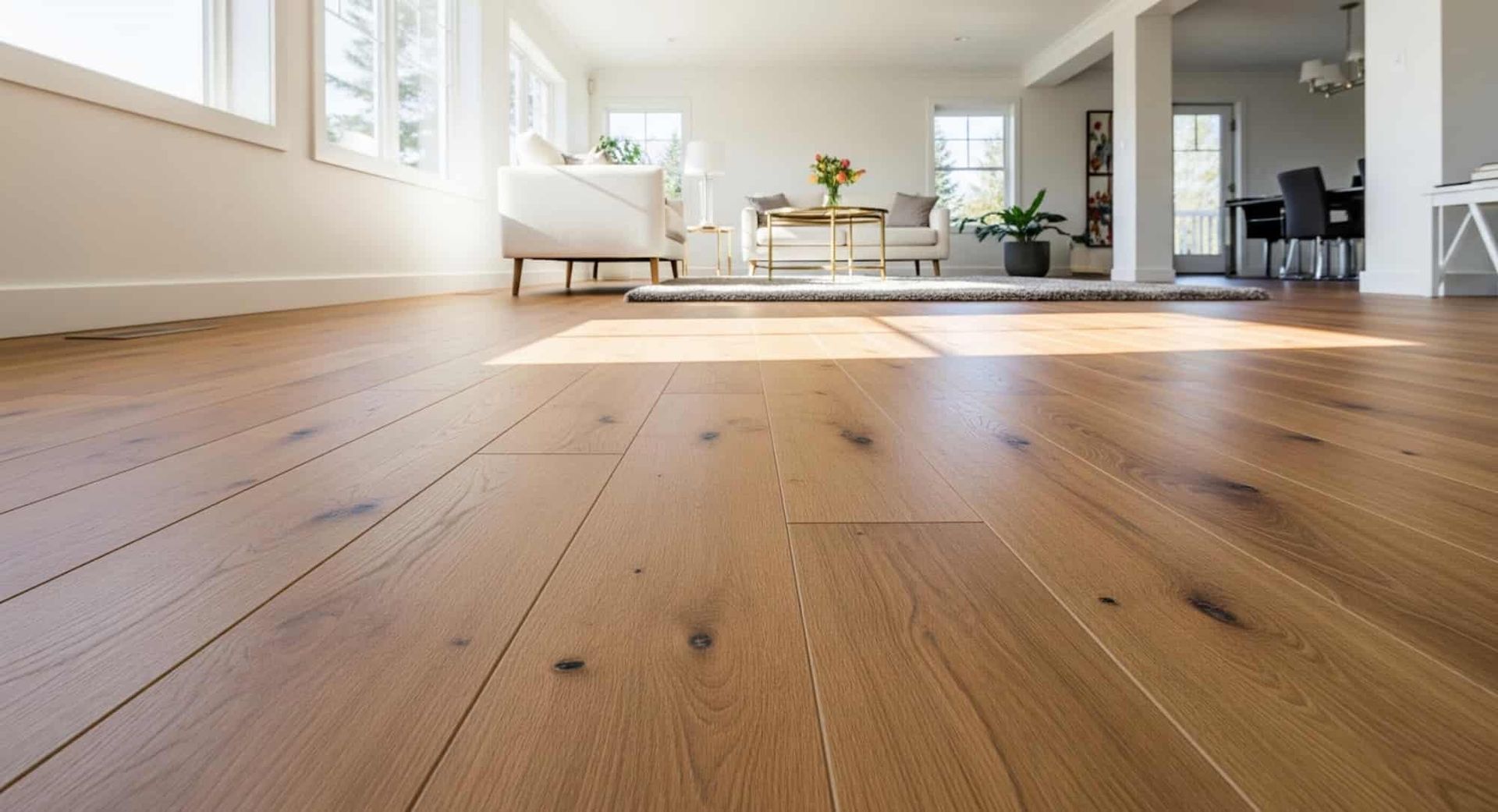 A close-up view of light brown wooden flooring with natural patterns and variations in tone.