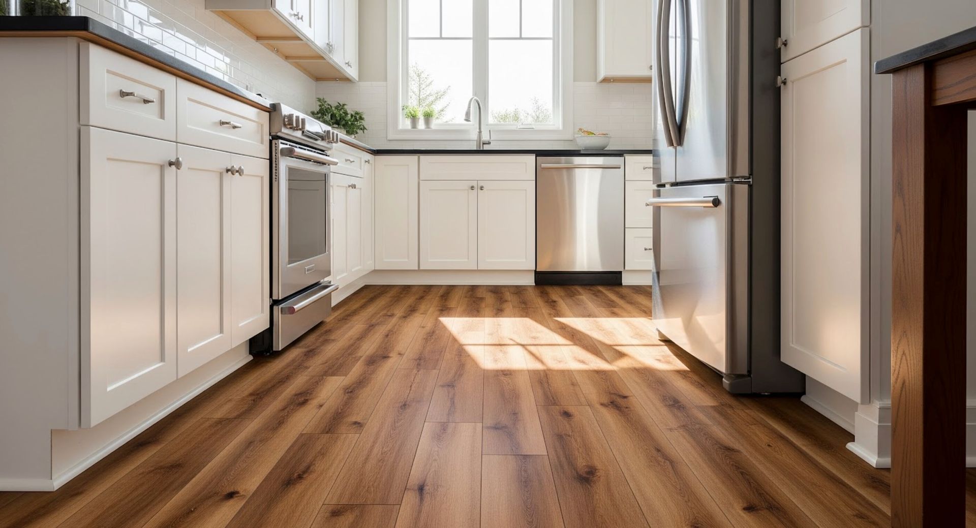A full indoor shot of a kitchen floor with white cabinets, stainless steel appliances, and a window.