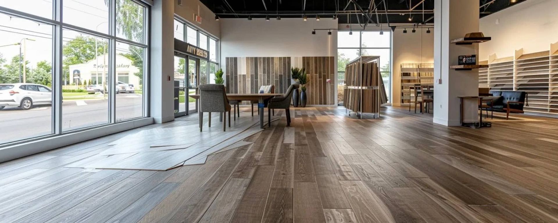 A spacious foyer with a large entryway, showcasing a luxury vinyl floor, a dark wooden door, and a chandelier.
