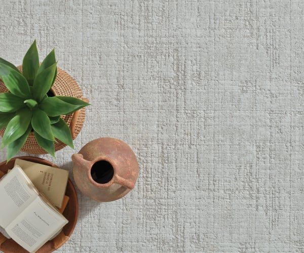 A white rug with a potted plant , a book , and a vase on it.