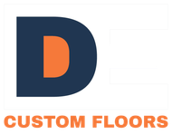 A blue and orange logo for a company called custom floors.