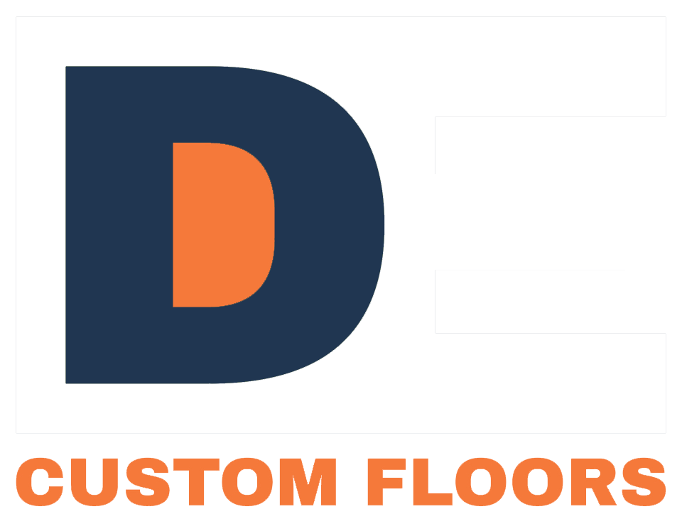 A blue and orange logo for a company called custom floors.