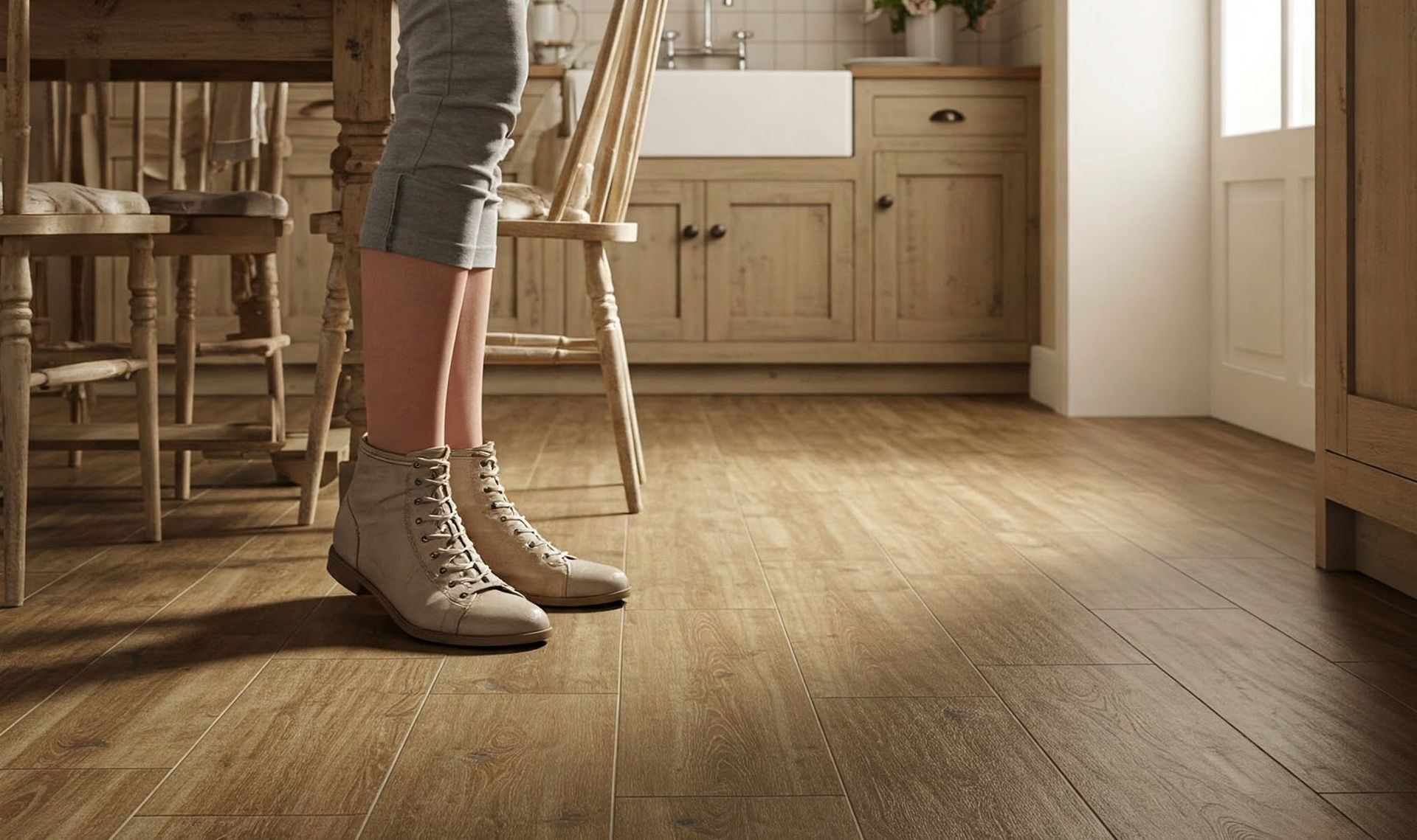 Wide shot in landscape orientation of feet standing on luxury vinyl flooring in a cozy kitchen setting, with soft warm lighting and kitchen elements visible in the background.
