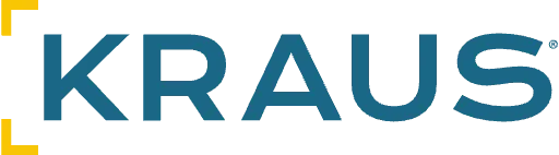 A blue and yellow logo for kraus on a white background.
