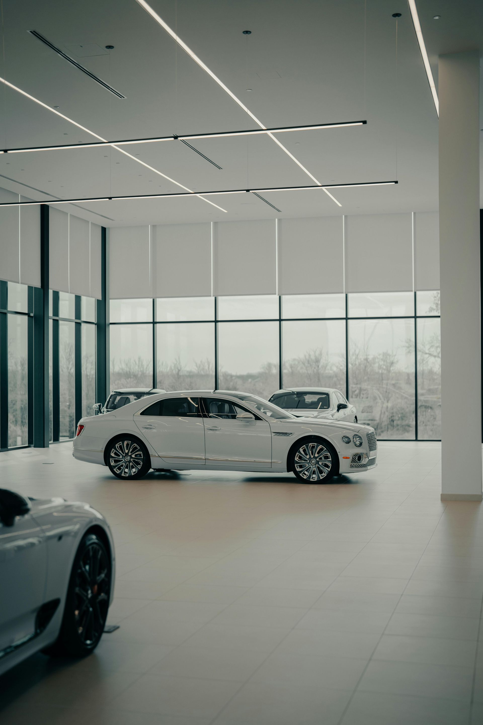 Two white cars are parked in a showroom with a lot of windows.