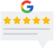 A speech bubble with a google logo and five stars on it.