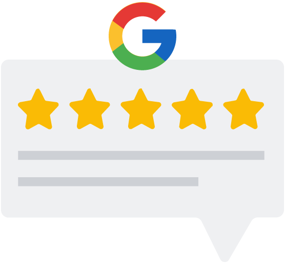 A speech bubble with a google logo and five stars on it.
