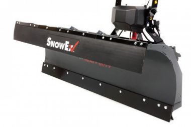 SnowEx snowplow angled forward with black blade, red accents, and SnowEx logo.