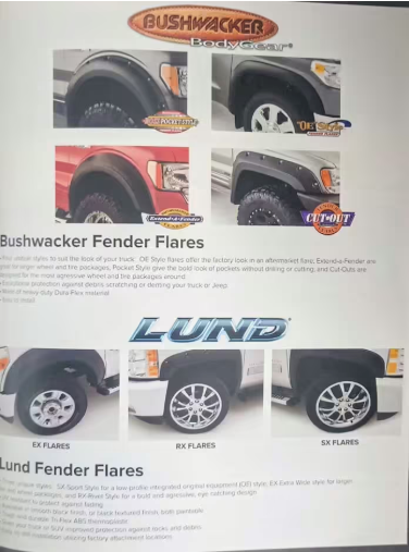 Bushwacker and Lund fender flare product catalog. Images of flares on trucks. Logos are visible.