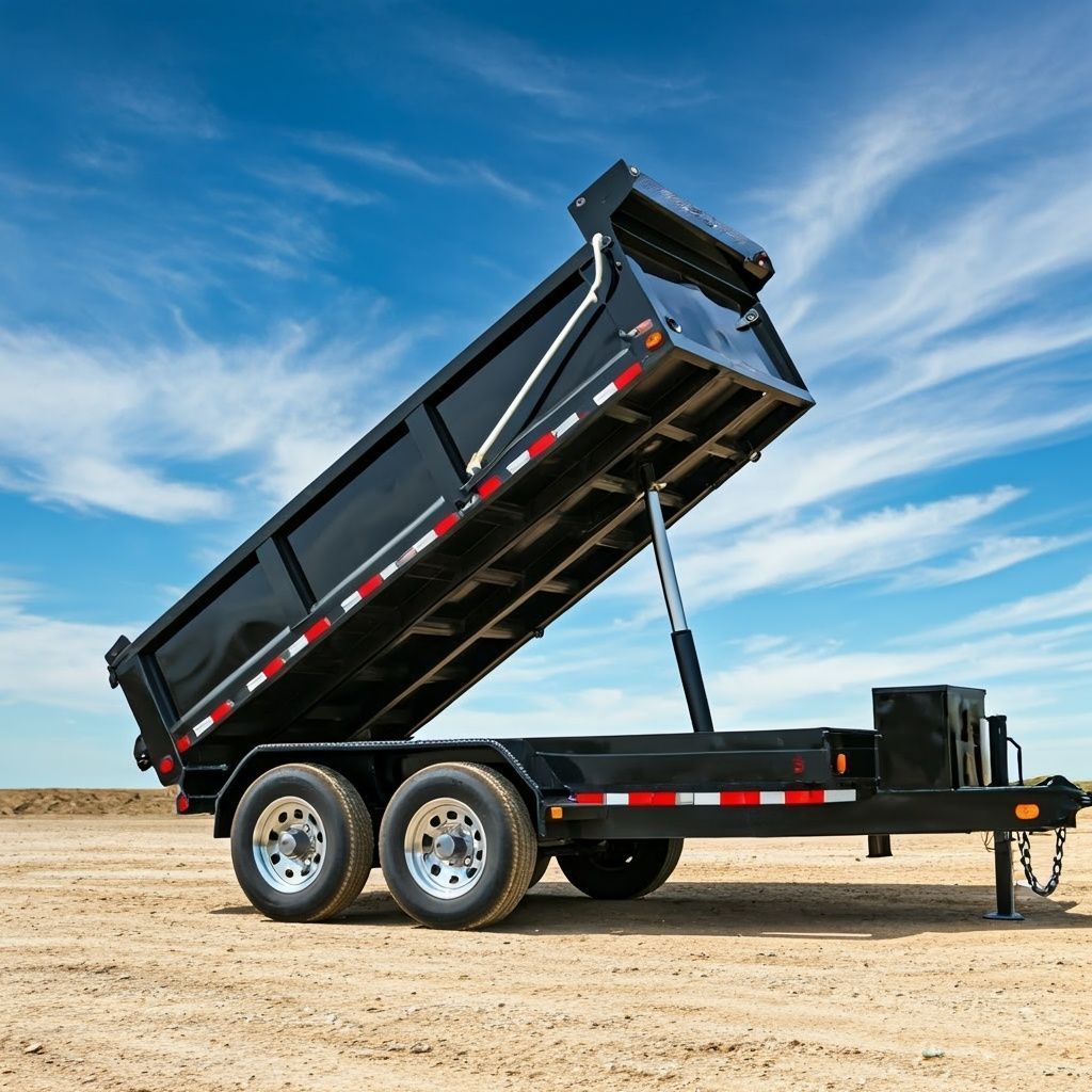 Black dump trailer with raised bed on a dirt field under a blue sky.