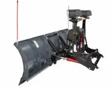 A black snowplow attached to a vehicle, ready to clear snow.