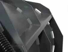 Close-up of a gray metal machine component with rectangular cutouts, likely a part of heavy equipment.