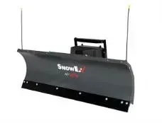 Black snow plow with a curved blade, mounted on a vehicle.