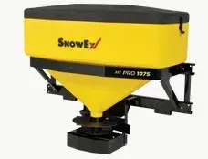 Yellow SnowEx salt spreader mounted on a truck, black frame.