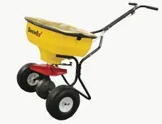 Yellow and black SnowEx broadcast spreader with a three-wheeled design for applying materials.