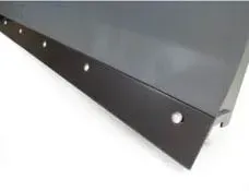 Dark gray metal shelf with several evenly spaced holes along one edge.