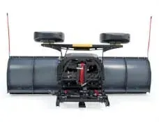 Front view of a grey snowplow with red markers and black hydraulic components.