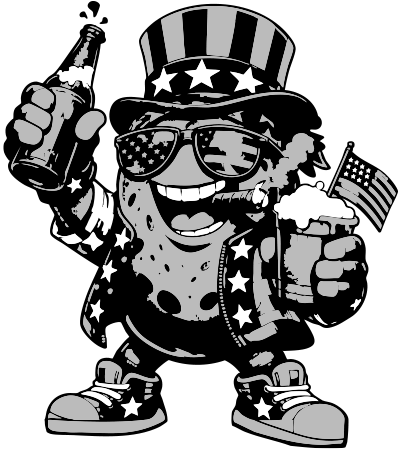 Animated potato in Uncle Sam outfit holding beer, cigar, and American flag.