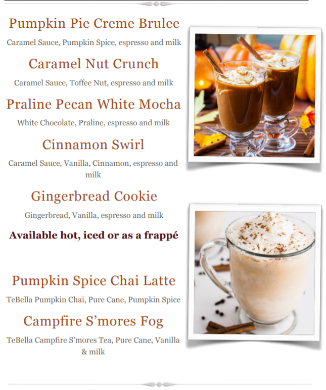 fall feature menu for coffee and tea at Caffe Fresco