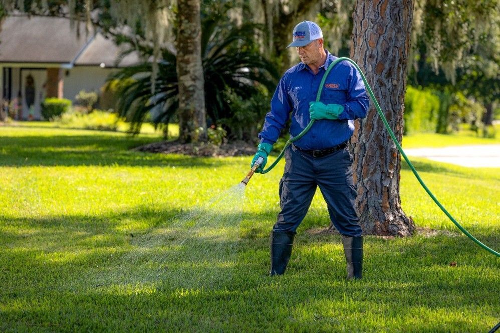Lawn care technician in Alachua FL applying sod webworm treatment to a lush green residential lawn Lawn care technician in Alachua FL applying sod webworm treatment to a lush green residential lawn