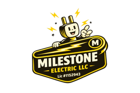 Milestone Electric LLC logo with a smiling lightbulb mascot and yellow lightning bolts on a black sign