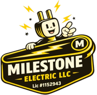 Milestone Electric LLC logo with smiling plug mascot, black-and-yellow design, and license number 1152943