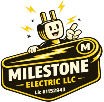 Milestone Electric LLC logo with a smiling plug mascot, yellow lightning bolts, and black-and-yellow text on white background