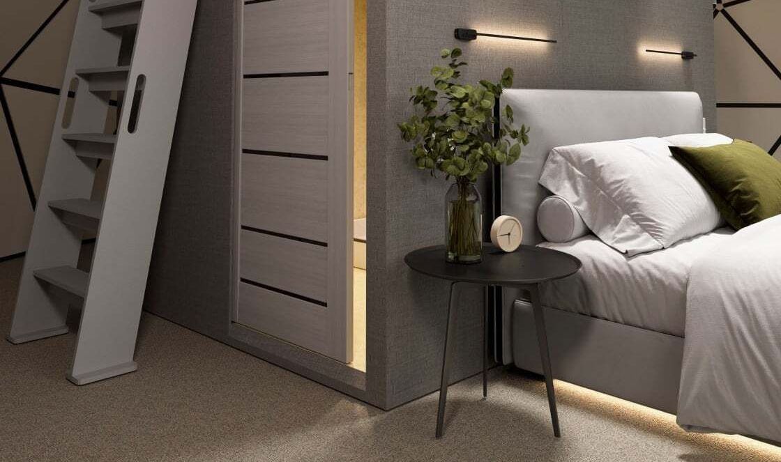 Modern gray bedroom with bed, ladder shelf, side table, and wall sconces
