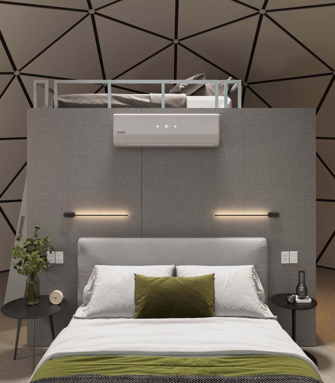 Modern bedroom with gray accent wall, green bedding, wall lights, and air conditioner above the bed