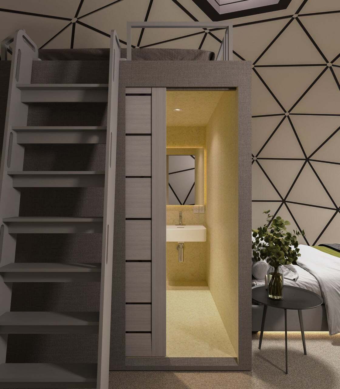 Modern interior with a gray staircase, narrow lit doorway, geometric wall pattern, and small table with plant
