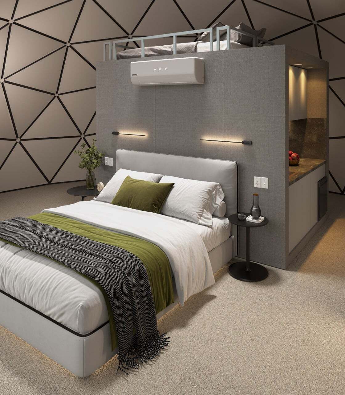 Modern bedroom with a gray bed, green accents, and geometric wall art.
