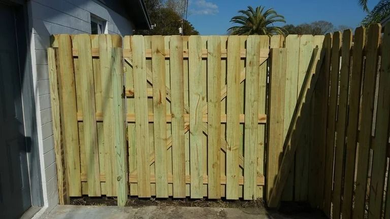 Wooden privacy fence with a gate, green-toned wood, outdoors, sunny day.