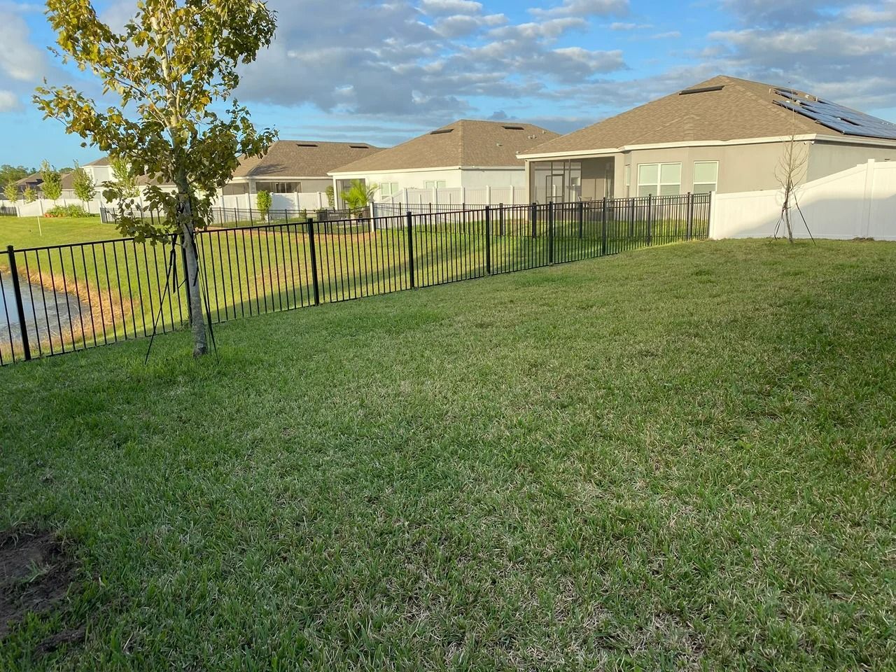 Lush green backyard with a black and white fence, a few houses, and a tree under a blue sky.