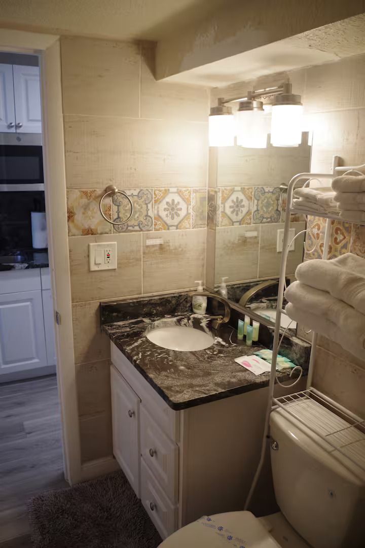 A bathroom with a sink , toilet and mirror.