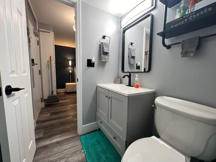 A bathroom with a toilet , sink and mirror