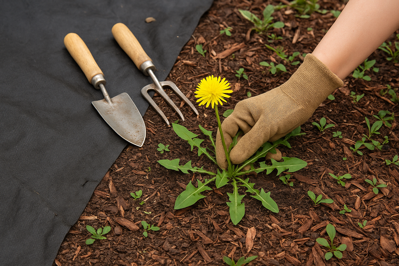 Person weeding a garden, pulling a dandelion with a gloved hand. Tools lie nearby.