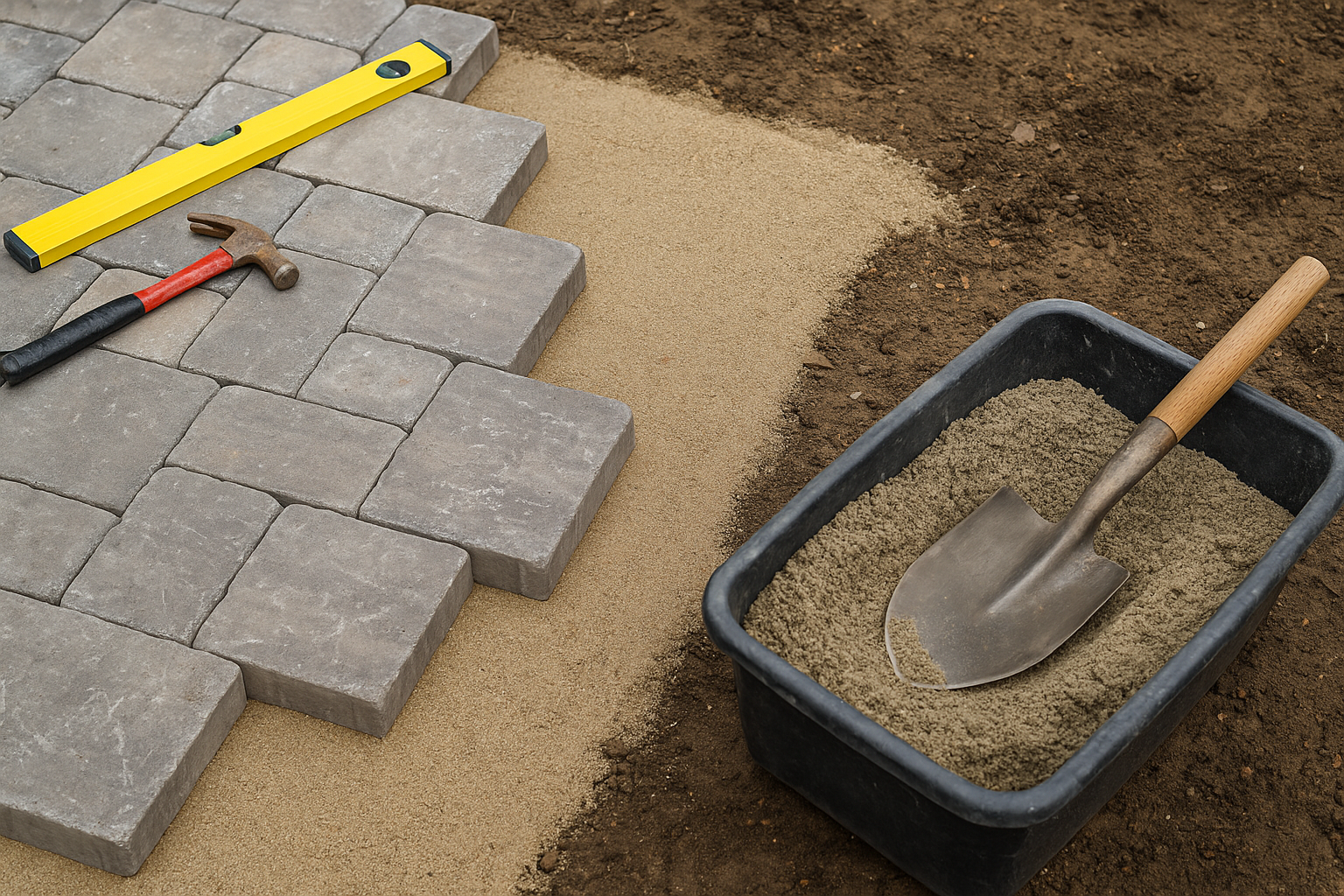 Laying paving stones: level, hammer, sand, and shovel beside partially built gray brick pathway.