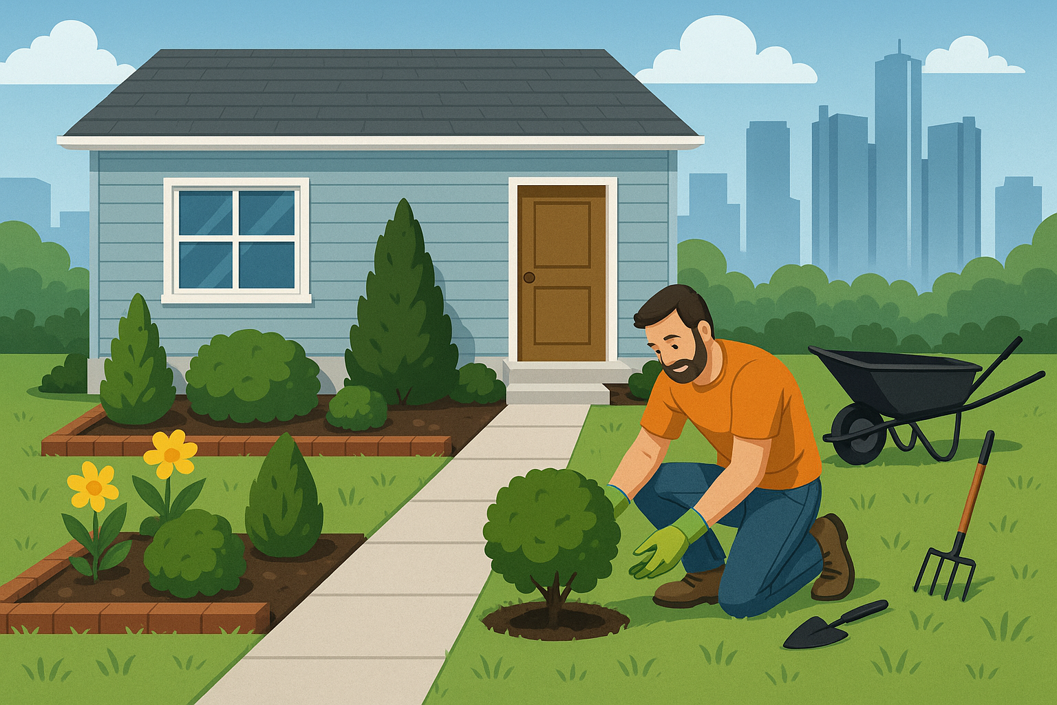 Man gardening in front yard; trimming bush. House, city skyline in background.