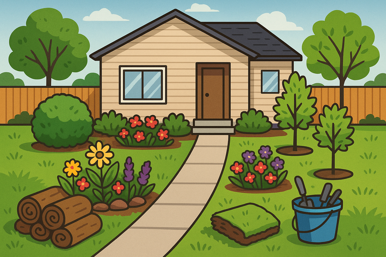 House with garden. Flowers, trees, and tools. Grass lawn, wooden fence, and a stone walkway.